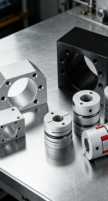 Close-up view of precision shaft couplings and ball screw nut housings with machined mounting holes, designed for stable transmission in CNC and automation equipment.