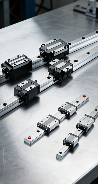 Close-up view of precision linear guideways with rail blocks, designed for smooth linear motion, high rigidity, and accurate positioning in CNC machinery and automation equipment.