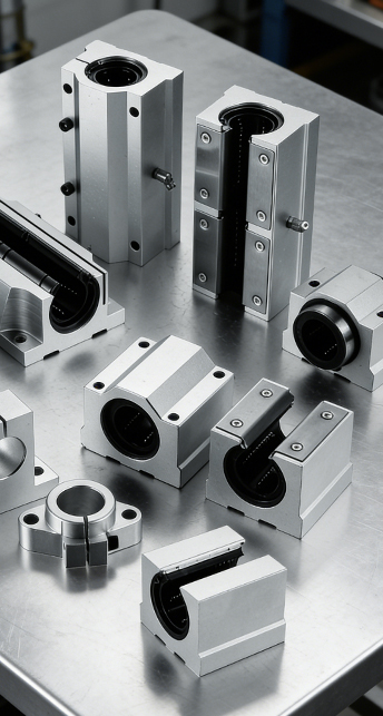 Linear motion bearing housing with aluminum blocks and open bearing design, providing low-friction shaft guidance for industrial machinery.