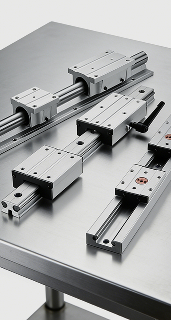 Aluminum linear slide module with guide rails, carriage blocks and locking handle, designed for adjustable positioning in mechanical assemblies.